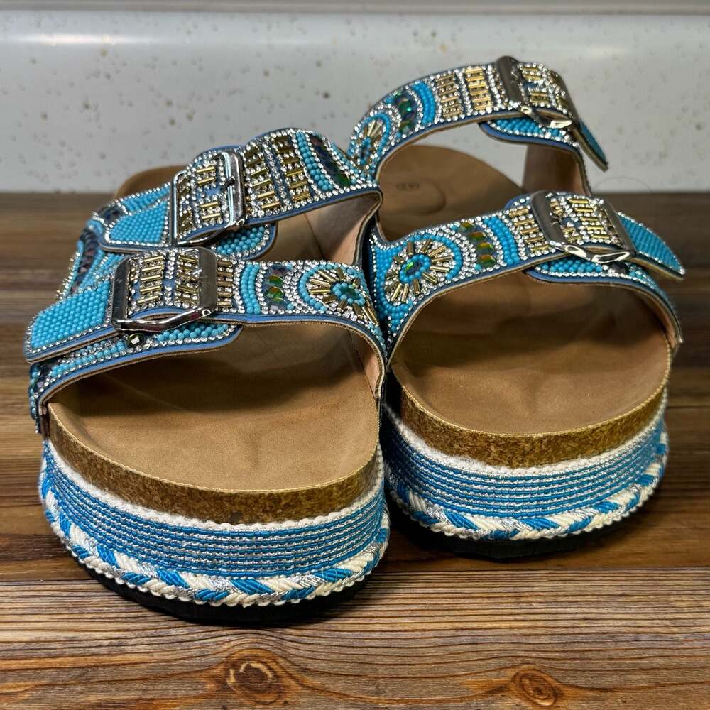 Boho Rhinestone Beaded Platform Sandals Turquoise Double Buckle Slide Size 11 - Picture 6 of 8